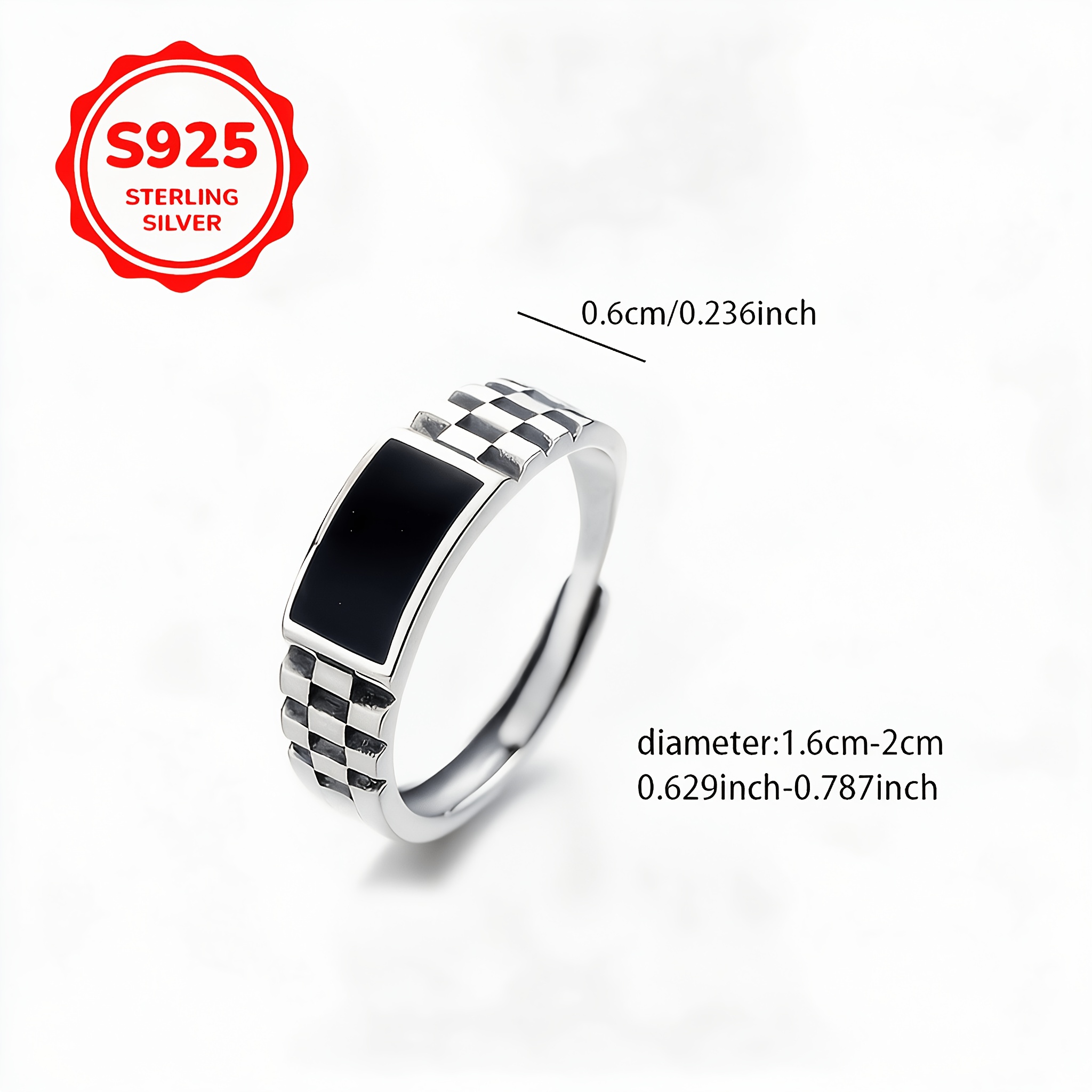 925 Silver Drip-Enamel Checkerboard Adjustable Ring